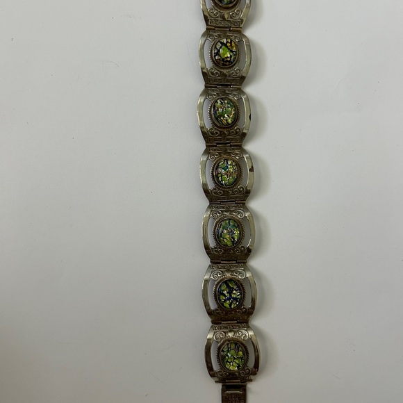 Vintage Hecho En Mexico Silver Bracelet with Green Faux Opal Abalone Inlays - Picture 1 of 7